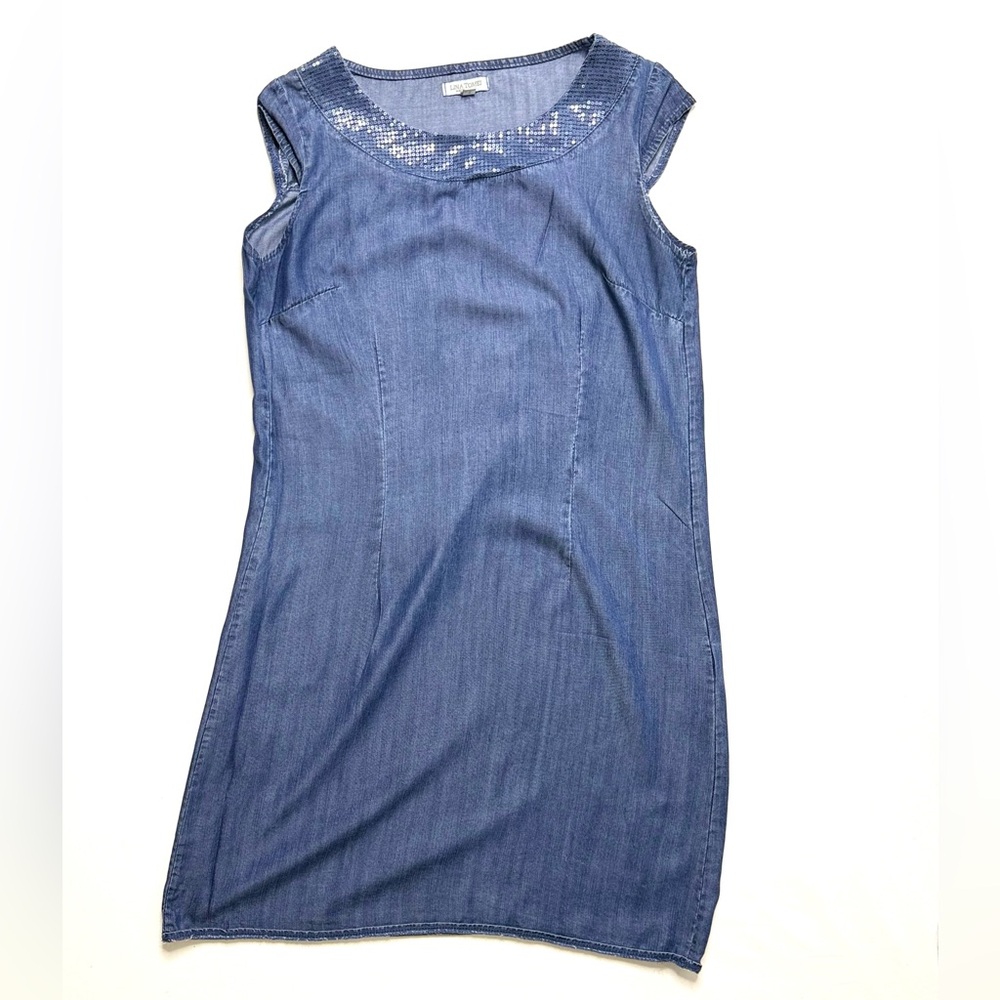 LINA TOMEI Cap Sleeve Denim Sheath Dress with Sequin Neckline Size Small ECO
